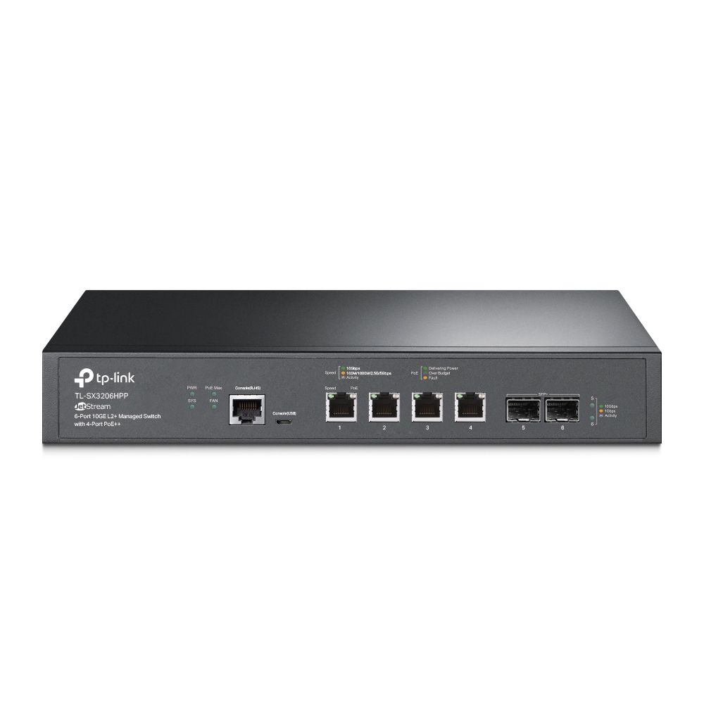 TP-Link Switch full managed Layer2+ 6 Port • 4x 10 GbE • PoE Budget 200 Watt • 4x PoE bt • 4x 10GbE • 2x SFP+ 19” • Omada • SX3206HPP