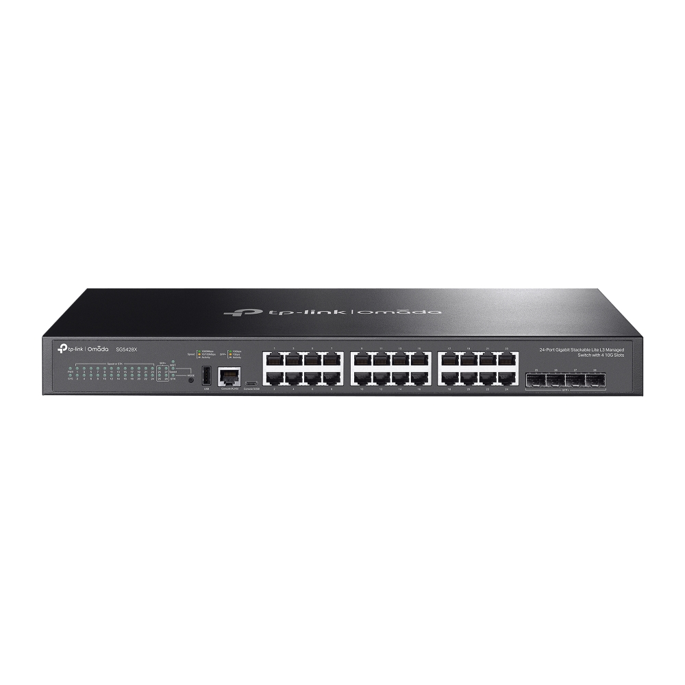 TP-Link Switch full managed Layer3 28 Port • 24x 1 GbE • 4x SFP+ • Omada • SG5428X TP-Link Switch full managed Layer3 28 Port • 24x 1 GbE • 4x SFP+ • Omada • SG5428X