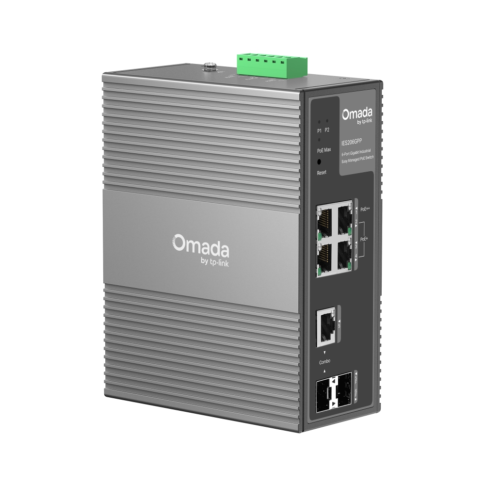 TP-Link Switch Easy Managed Industrial Layer2 6 Port • 4x 1 GbE PoE+ at • 2x 1 GbE • PoE Budget 120Watt • Lüfterlos, Omada • IES206GPP(UN)