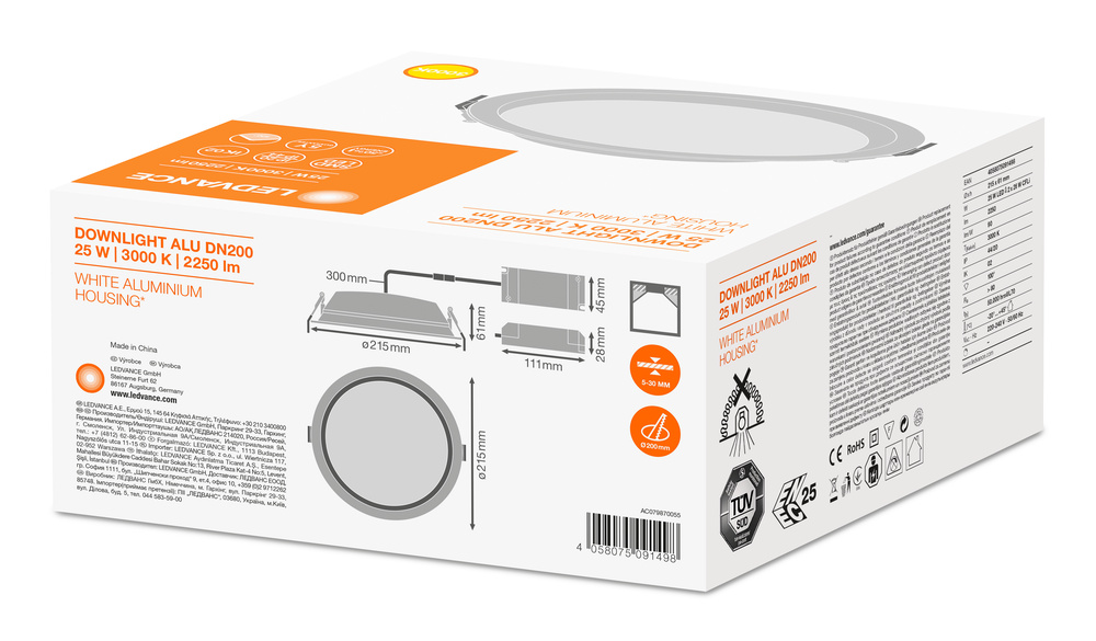 LEDVANCE DOWNLIGHT ALU 200 25 W 3000 K IP44/IP20 WT