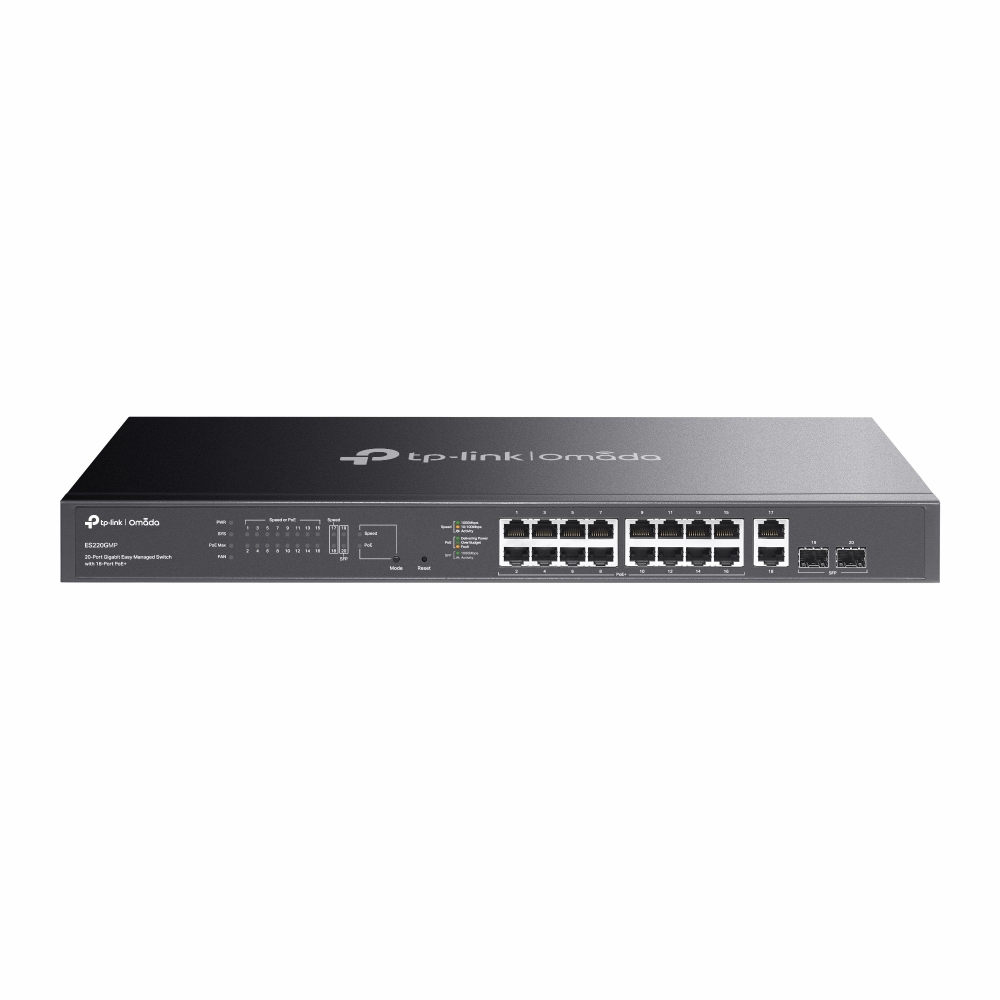 TP-Link Switch Easy Managed Layer2 20 Port • 16x 1GbE • 16x PoE Af • 2x SFP, 2x 1GbE • 250W PoE Budget • LüFterlos • Omada • ES220GMP