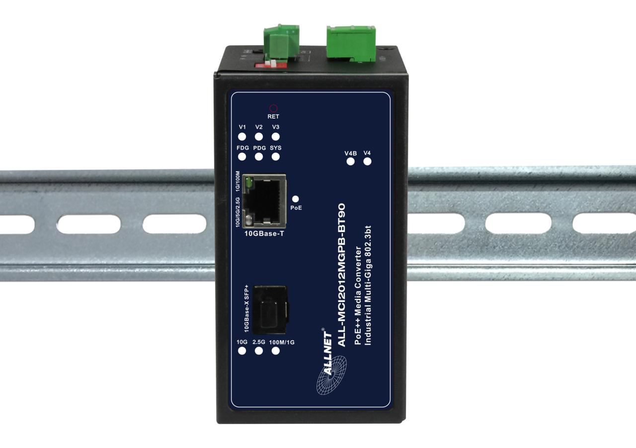 ALLNET Medienkonverter Industrial PoE  (15,4W/30W/60W/90W) 1000BASE-SX/-LX Single-/ Multimode SFP to RJ45 Cooper MultiG • Power-Booster 12~57VDC • DIN • ALL-MCI2011P-60W