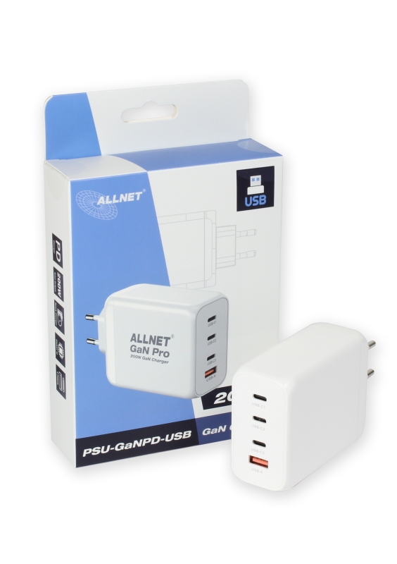 ALLNET Ersatznetzteil QC USB-C PD GaN Netzteil Power Supply 200 Watt 1x USB Typ-A QC, 3x USB Typ-C**EU PLUG**