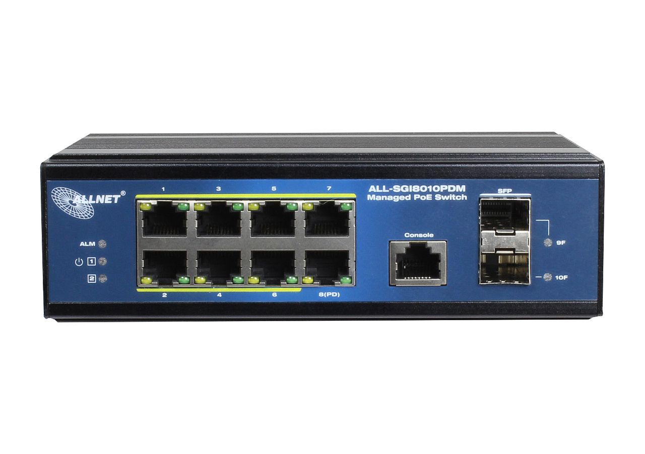 ALLNET Switch industrial full managed Layer2+ 10 Port GbE • PoE Budget 69W (BT) / 210 (DC) • 7x PoE at • 2x SFP • 1x GbE PD • Lüfterlos , IP40 • ALL-SGI8010PDM