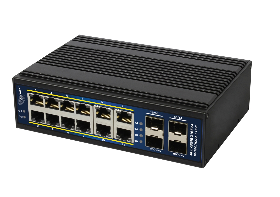 ALLNET Switch industrial smart managed Layer2+ 16 Port GbE • PoE Budget 360W • 12x PoE+ • 4x SFP • Lüfterlos • DIN • ALL-SGI8016PM