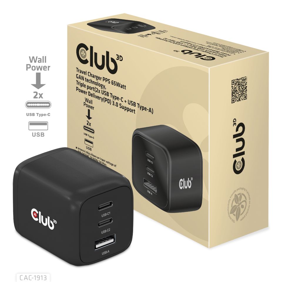 Club 3D Netzteil USB Typ A & C  3-fach 65W Club 3D Netzteil USB Typ A & C  3-fach 65W