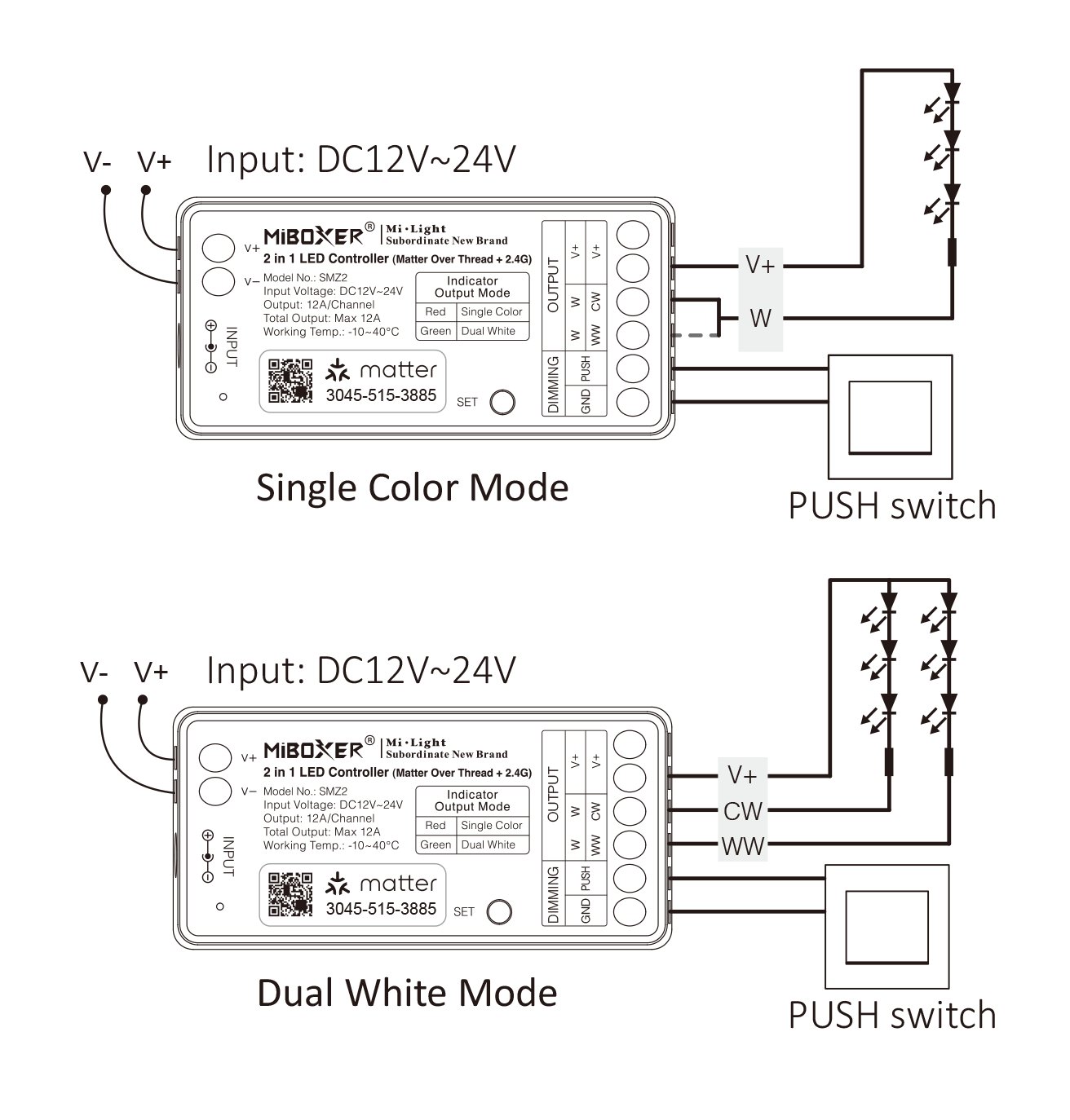 MiBoxer SM2 LED Controller Matter-Serie 2in1 Single colour/CCT(dual white) dim DC12/24V Matter Over Thread+2.4GHz