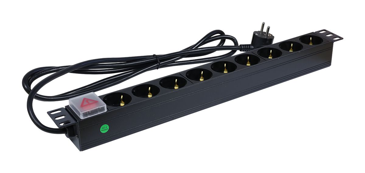 ALLNET 19"zbh. Steckdosenleiste, 9xDosen(CEE7)->Stecker(CEE7), Schalter, Schwarz, Synergy 21