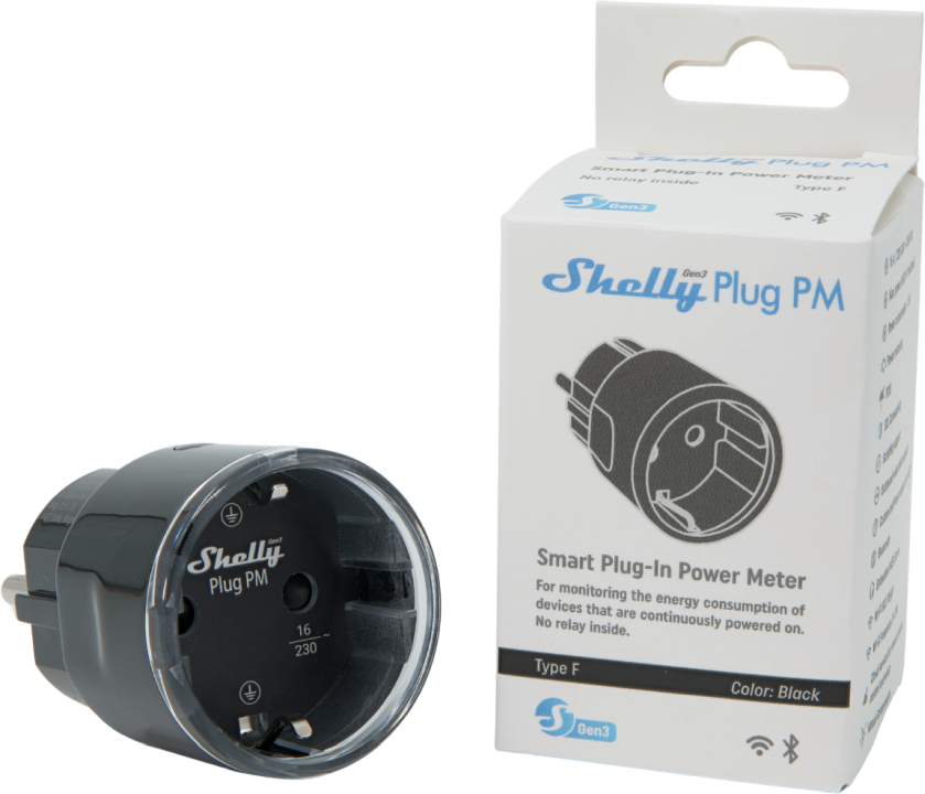 Shelly · Plug & Play "Plug PM Gen3 Black" · Smarter Energiezähler · Messfunktion · WLAN · BT · schwarz