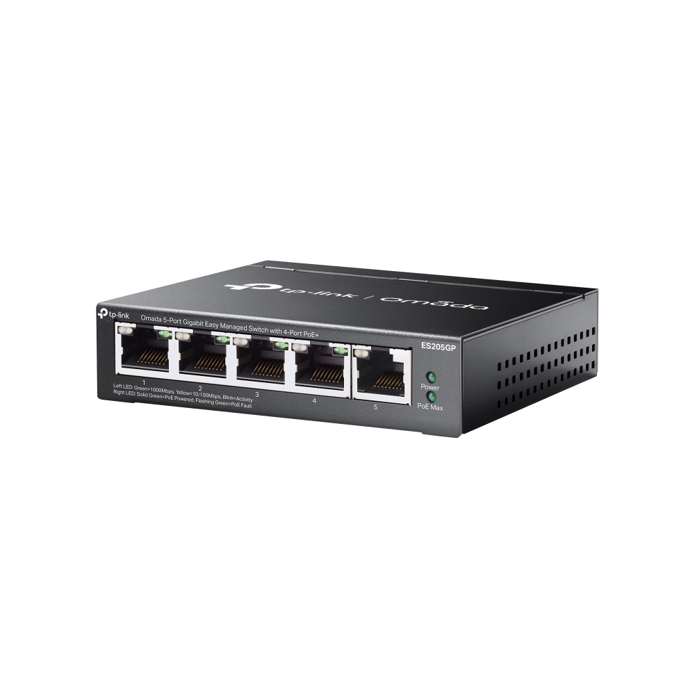 TP-Link Switch full managed Layer2 5 Port • 5x 1 GbE • PoE Budget 65 Watt • 4x PoE at • Lüfterlos, Omada • ES205GP