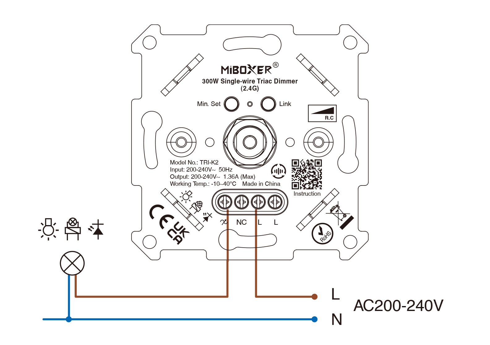 MiBoxer TRI-K2 Triac Dimmer 2,4 GHz für LED-Lampen ohne Neutralleiter