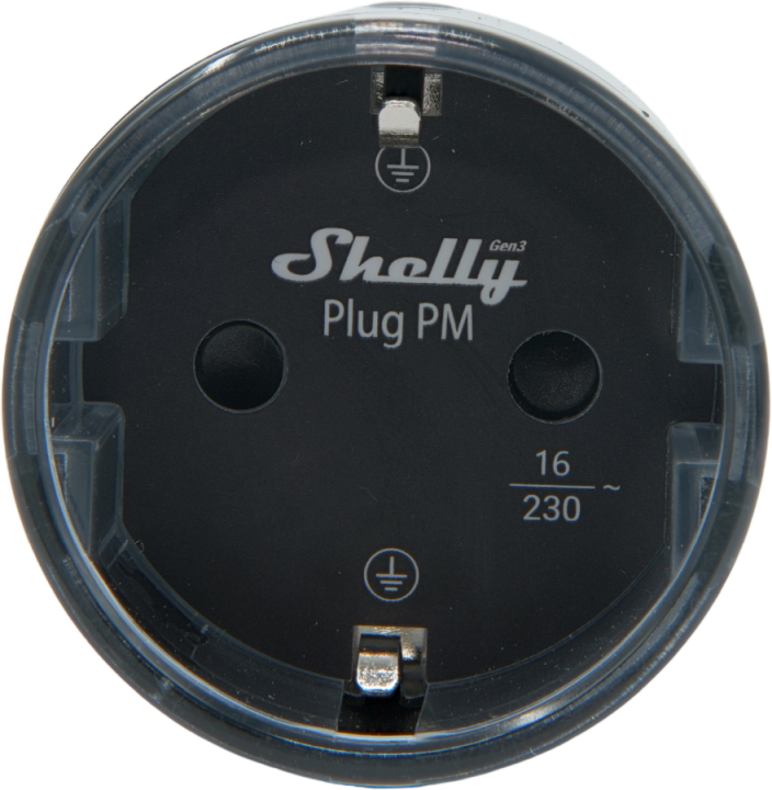 Shelly · Plug & Play "Plug PM Gen3 Black" · Smarter Energiezähler · Messfunktion · WLAN · BT · schwarz