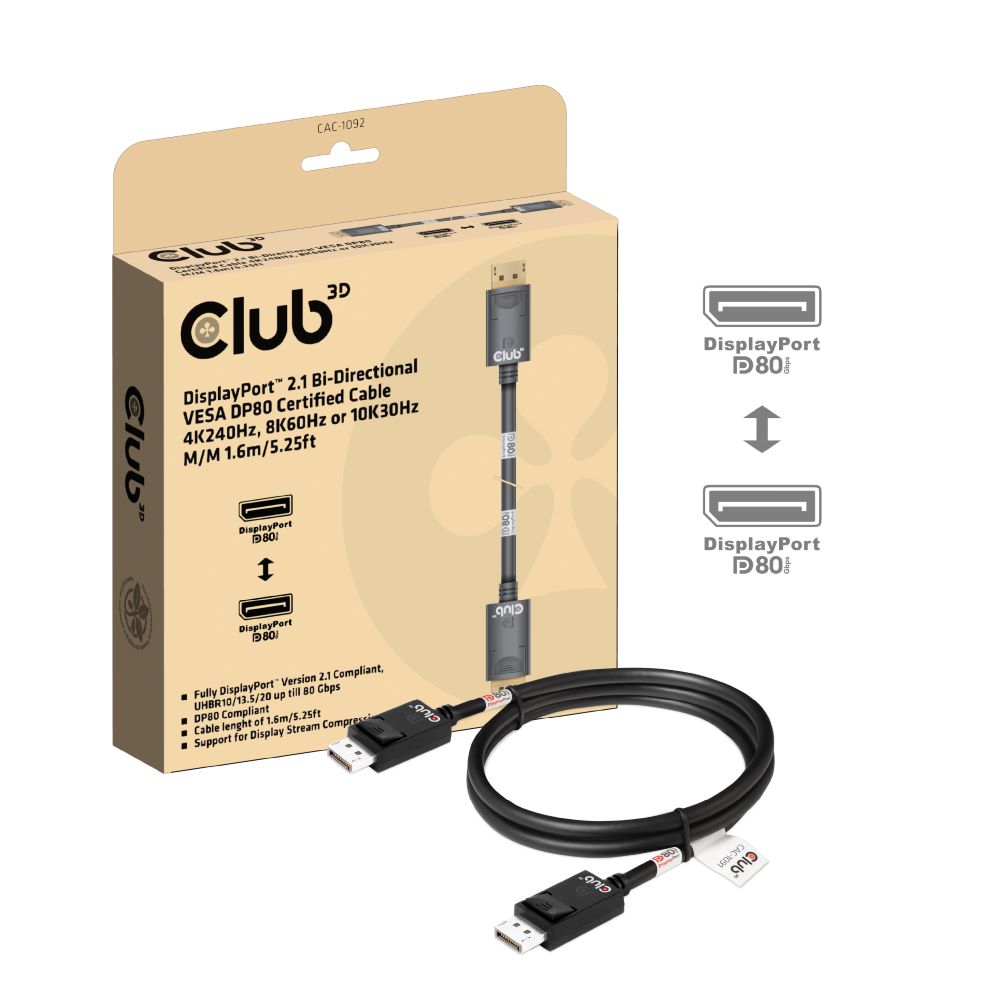 CLUB3D DisplayPort™ 2.1 Bi-Directional VESA DP80 Certified Cable 4K240Hz, 8K60Hz or 10K60Hz M/M 1.6m/5.25ft