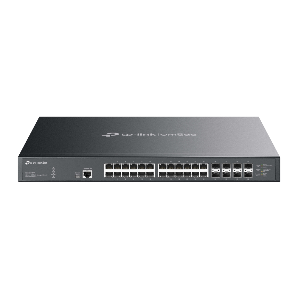 TP-Link Switch full managed Layer2+ 32 Port • 24x 10GbE • 8x SFP+ • PoE Budget 770 Watt • 24x PoE af/at/bt • 19” • Omada • SX3832MPP