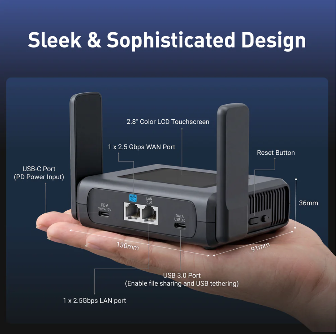 ALLNET Wireless Travel Router WIFI7 • BE10000 • 2.5GbE LAN/WAN • Pocket-sized Router for Home and Travel / WiFi Client "OpenWRT" 2,8"Touch Display • Slate 7 Pro