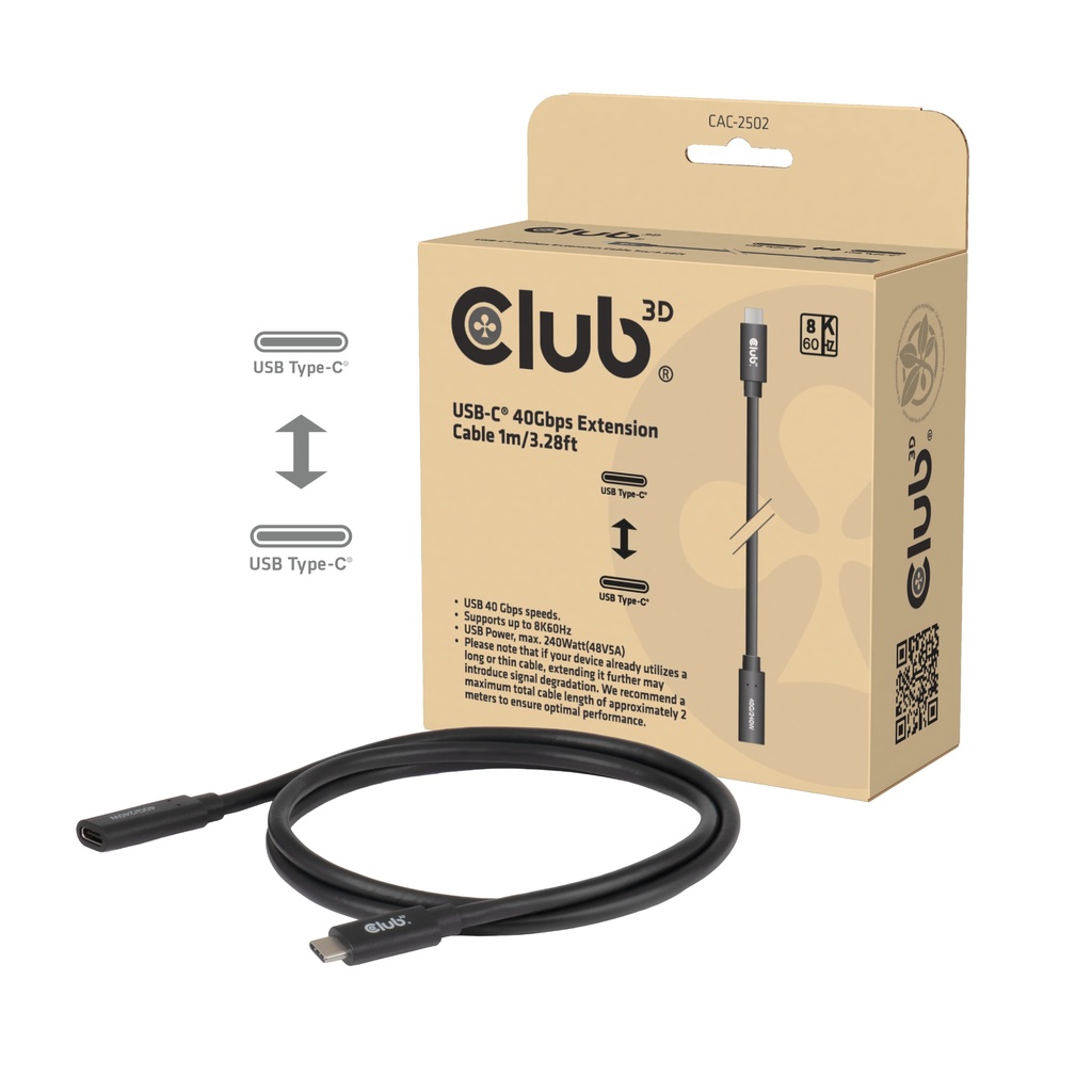CLUB3D USB-C® 40Gbps Extension Cable 1m/3.28ft