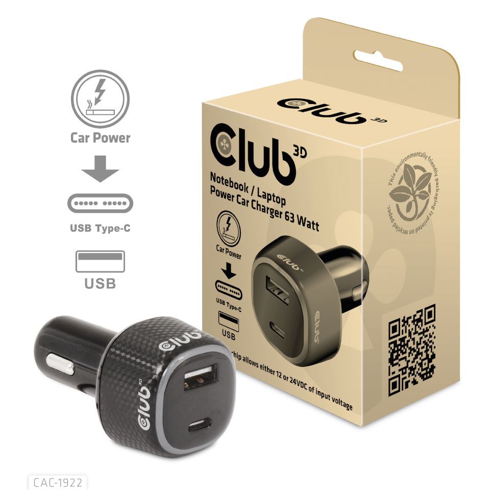 Club 3D Netzteil KFZ  2-fach 12V-24V 63W - 1x USB-A, 1x USB-C Club 3D Netzteil KFZ  2-fach 12V-24V 63W - 1x USB-A, 1x USB-C
