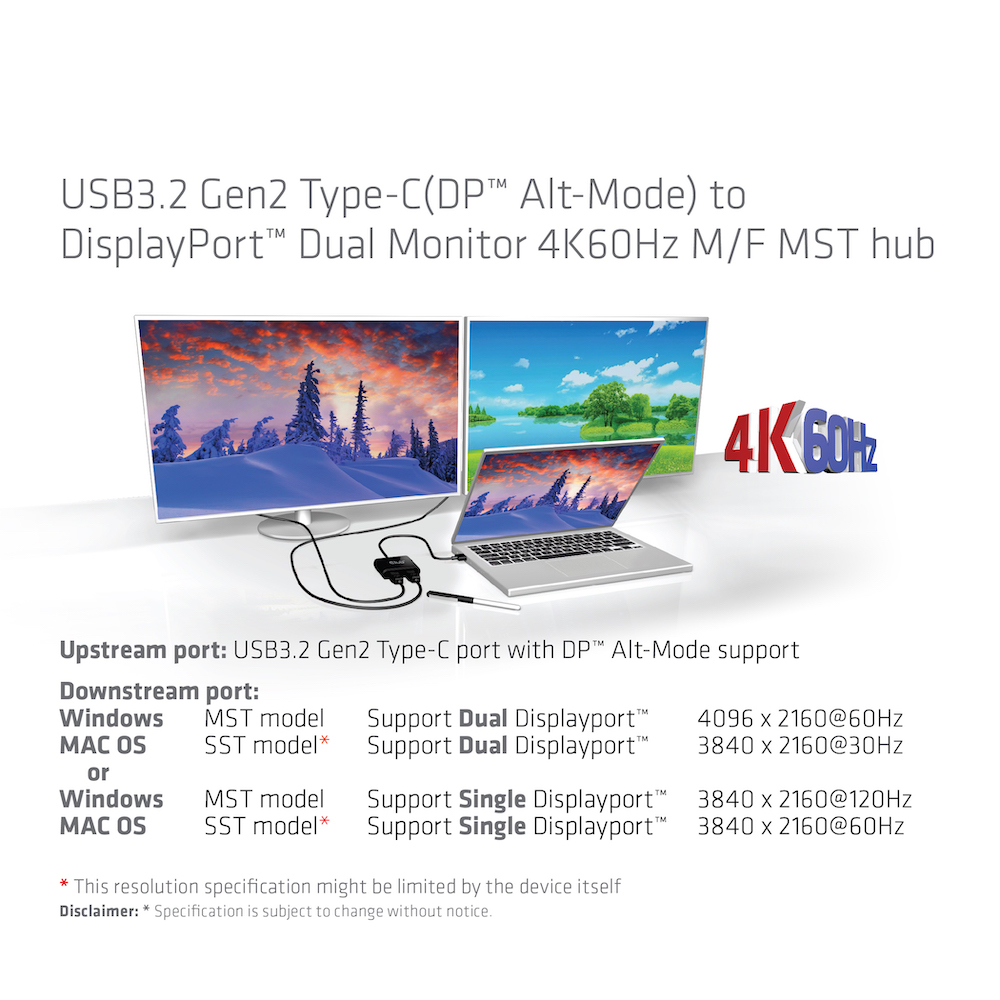 Club 3D Multi Stream Transport Hub USB 3.2 Typ C => DisplayPort 1.2 Dual Monitor 4K60Hz
