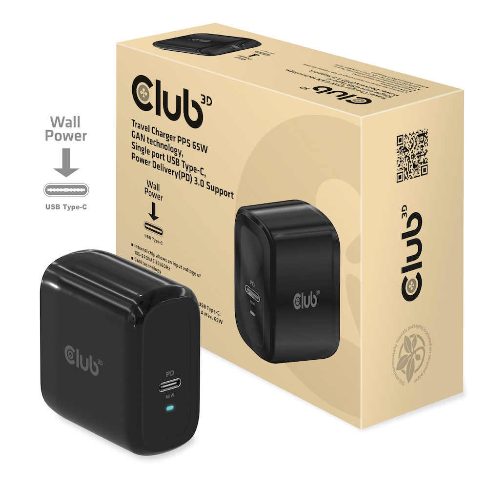 Club 3D Netzteil USB Typ C  1-fach  65W Club 3D Netzteil USB Typ C  1-fach  65W