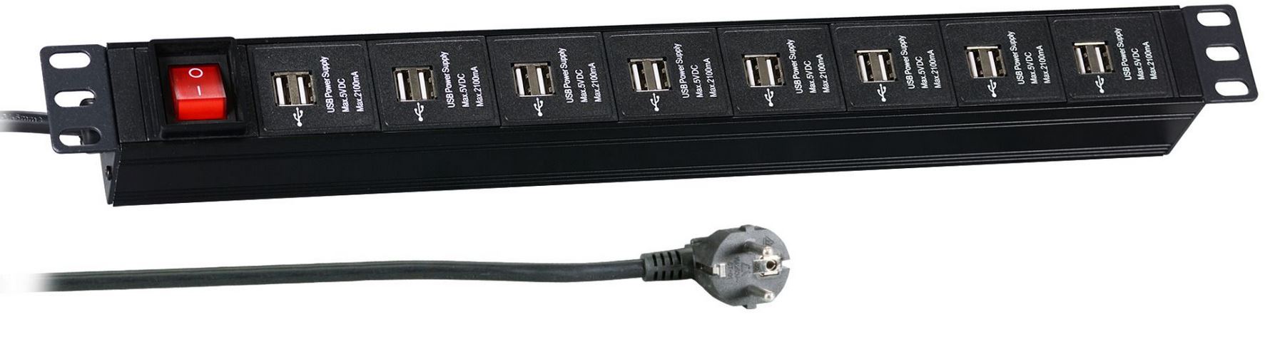 ALLNET 19"zbh. Steckdosenleiste, 16xDosen(USB)->Stecker(CEE7), mit Schalter, Schwarz,