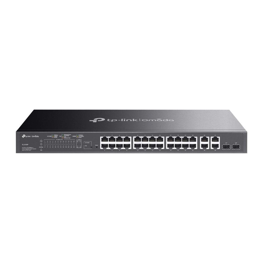TP-Link Switch Smart Managed Layer2 24 Port • 4x 1 GbE • PoE Budget 250 Watt • 24x PoE At • LüFterlos, Omada • SL2428P