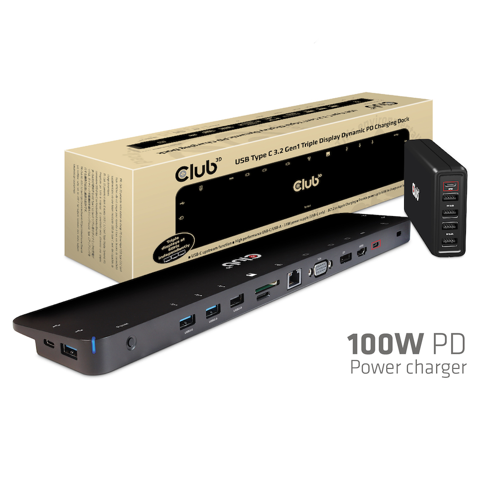 CLUB3D USB Type C 3.2 Gen1 Triple Display Dynamic PD Charging Dock 100W PD Power charger