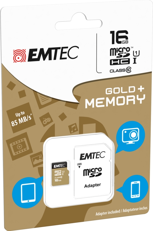 Flash SecureDigitalCard (SD)  16GB *EMTEC* Gold+ microSDHC - Class 10 + Adapter Flash SecureDigitalCard (SD)  16GB *EMTEC* Gold+ microSDHC - Class 10 + Adapter