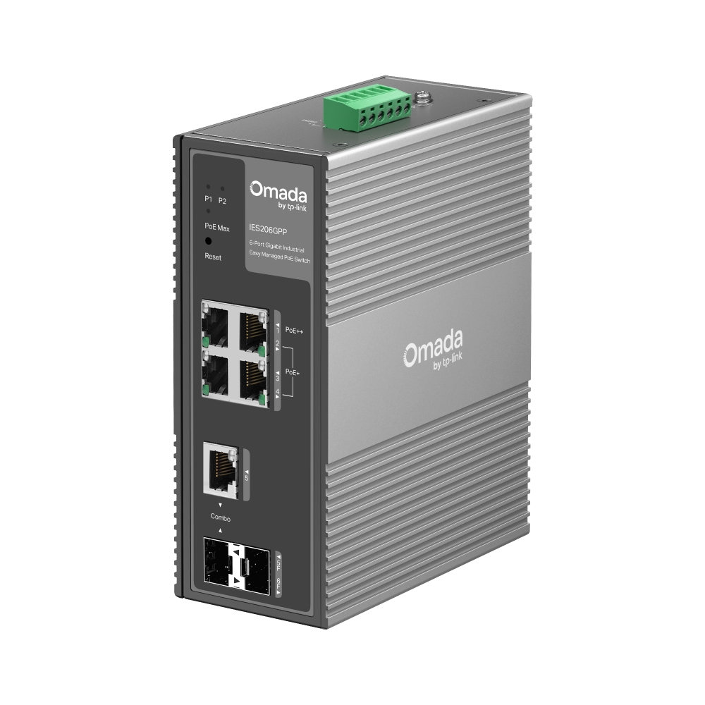 TP-Link Switch Easy Managed Industrial Layer2 6 Port • 4x 1 GbE PoE+ at • 2x 1 GbE • PoE Budget 120Watt • Lüfterlos, Omada • IES206GPP(UN)