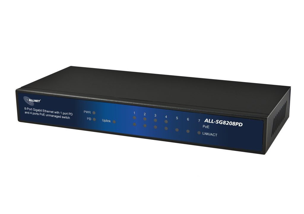 ALLNET Switch unmanaged 8 Port Gigabit 60W / 4x PoE / 3x LAN / 1x PoE+ In / "ALL-SG8208PD"