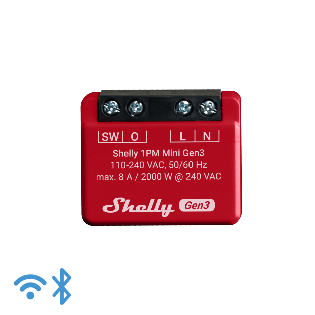 Shelly · Unterputz · "1PM Mini Gen. 3" · Relais · max 8A · 1 Kanal · Messfunktion · WLAN · BT Shelly · Unterputz · "1PM Mini Gen. 3" · Relais · max 8A · 1 Kanal · Messfunktion · WLAN · BT