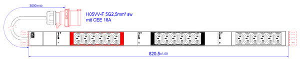 Bachmann PDU, Steckdosen, 18xDosen(C13)-> 3ph Zuleitung 3m, mit Stecker CEE 16A Rot,