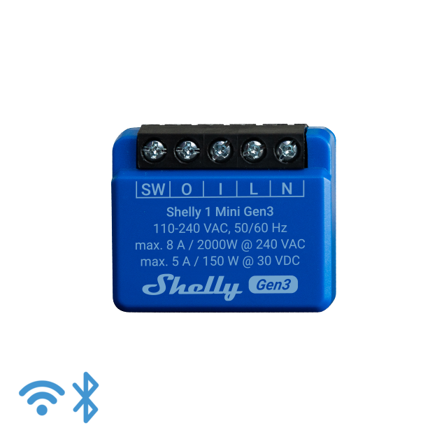 Shelly · Unterputz · "1 Mini Gen. 3" · Relais · max 8A · 1 Kanal · WLAN · BT Shelly · Unterputz · "1 Mini Gen. 3" · Relais · max 8A · 1 Kanal · WLAN · BT