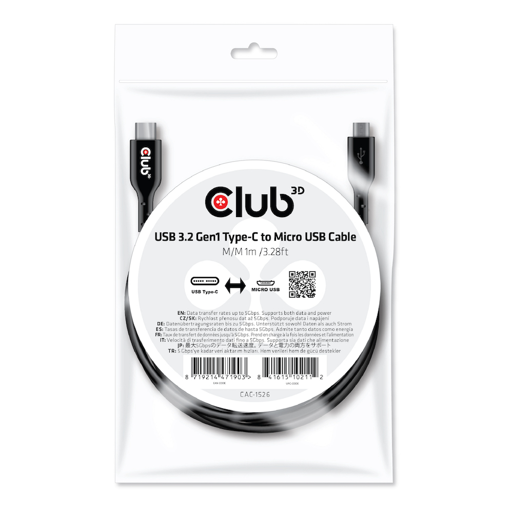 Kabel USB 3.2 C (St) => Micro USB (St)  1,0m *Club 3D*