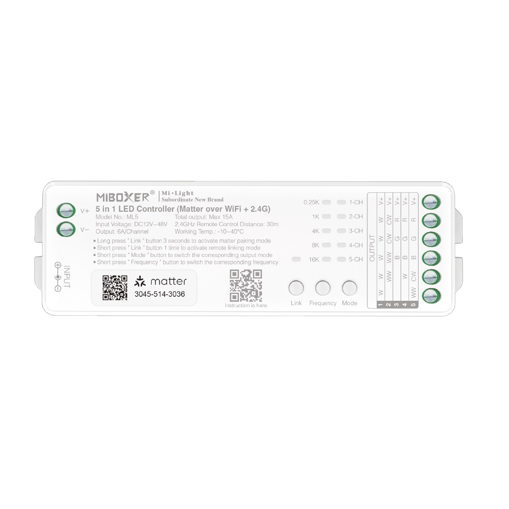 MiBoxer ML5 LED Controller 5in1 RGB-WW (RGB-CCT) DC12~24V Matter Over WiFi + 2.4G