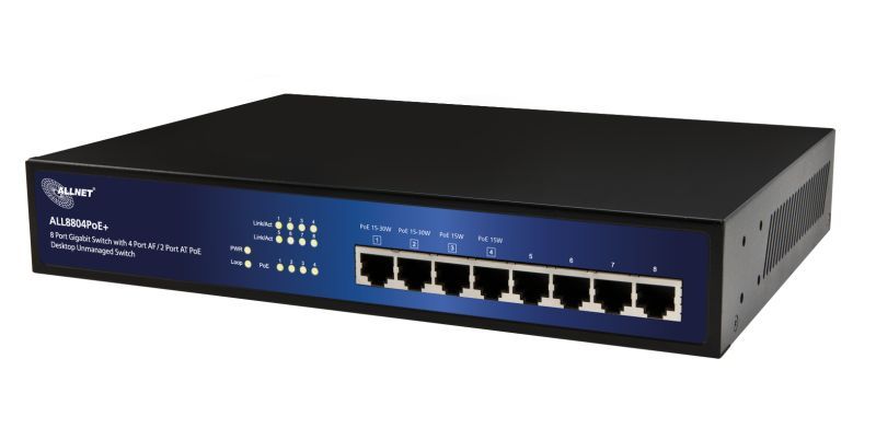 ALLNET Switch unmanaged 8 Port Gigabit 63W / 4x PoE+ / 4x LAN / Lüfterlos /19" / "ALL8804PoE+" ALLNET Switch unmanaged 8 Port Gigabit 63W / 4x PoE+ / 4x LAN / Lüfterlos /19" / "ALL8804PoE+"