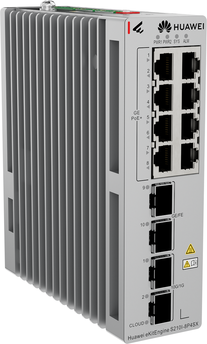 Huawei Switch Industrial Full Managed L2 12 Port • 8x GbE • PoE Budget Bis Zu 240W • 8x PoE At • 2x GbE SFP 2x SFP • DIN • S210I-8P4SX • EKit