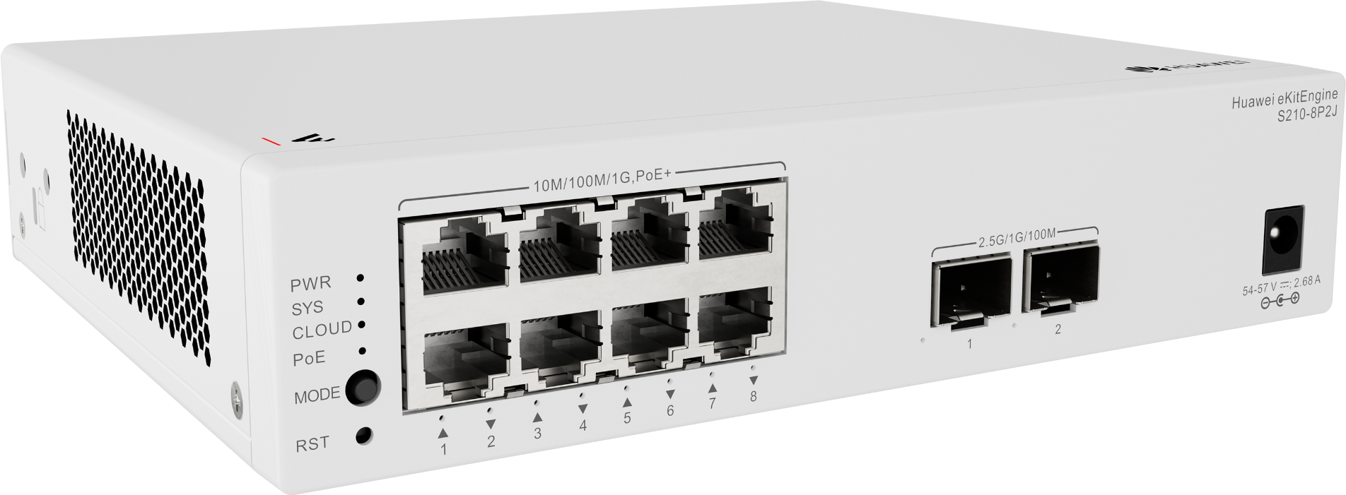 Huawei Switch Full Managed L2 10 Port • 8x GbE • PoE Budget 128W • 8x PoE At • 2x 2,5GbE SFP • S210-8P2J • EKit