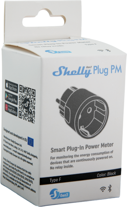 Shelly · Plug & Play "Plug PM Gen3 Black" · Smarter Energiezähler · Messfunktion · WLAN · BT · schwarz