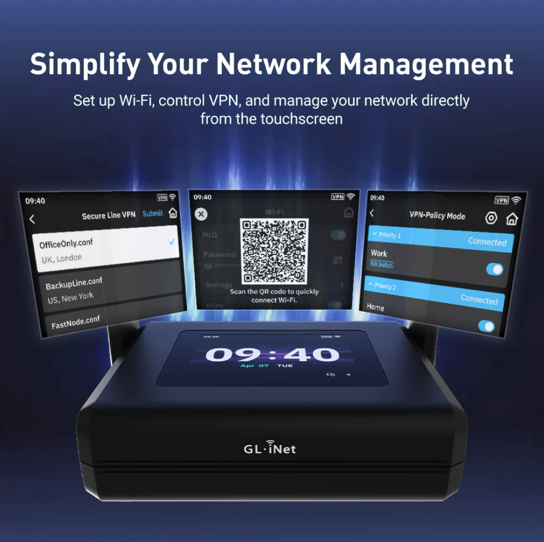 ALLNET Wireless Travel Router WIFI7 • BE10000 • 2.5GbE LAN/WAN • Pocket-sized Router for Home and Travel / WiFi Client "OpenWRT" 2,8"Touch Display • Slate 7 Pro