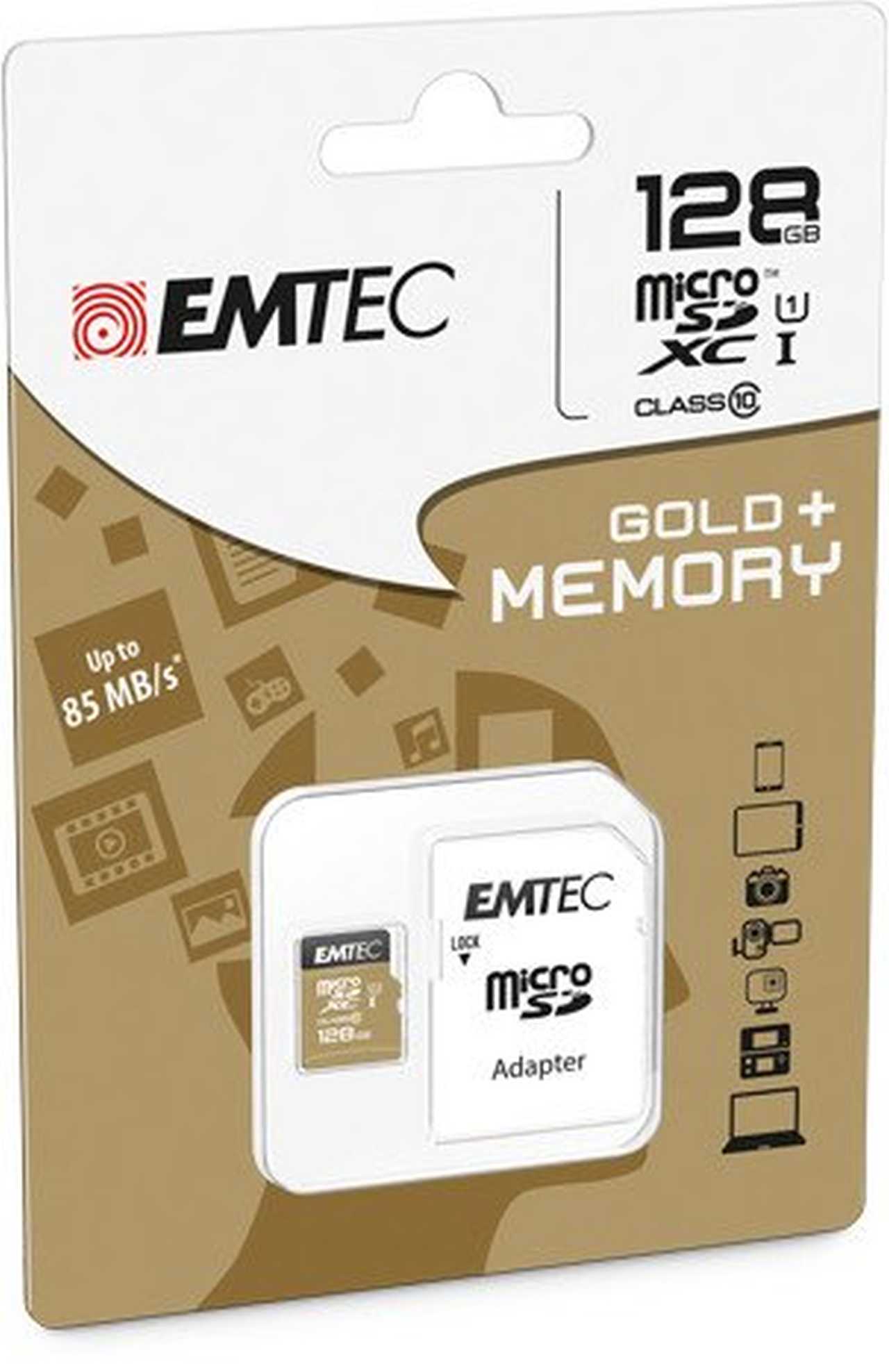 Flash SecureDigitalCard (SD)  128GB *EMTEC* microSDXC 128GB EMTEC + Adapter CL10 Gold+ UHS-I 85MB/s Blister Flash SecureDigitalCard (SD)  128GB *EMTEC* microSDXC 128GB EMTEC + Adapter CL10 Gold+ UHS-I 85MB/s Blister