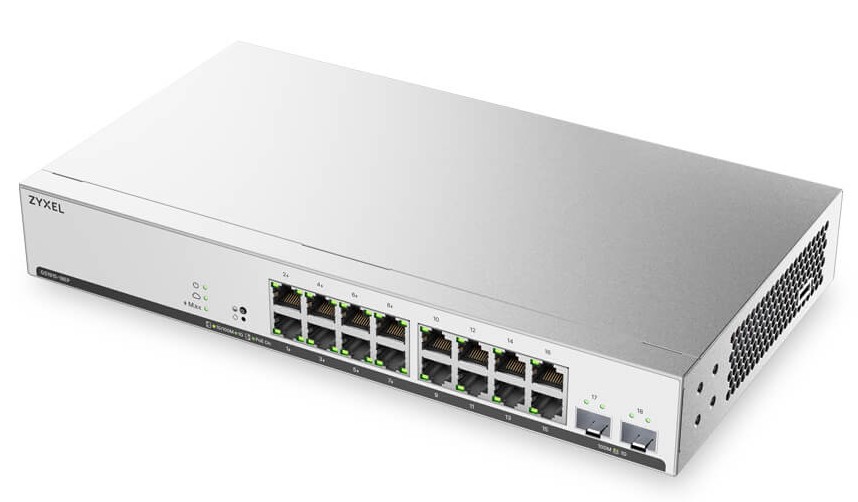 Zyxel Switch Smart Managed Layer2 18 Port • 16x 1 GbE • PoE Budget 130 Watt • 8x PoE At • 2x SFP • 19 " • LüFterlos • NebulaFlex • GS191518EPV2