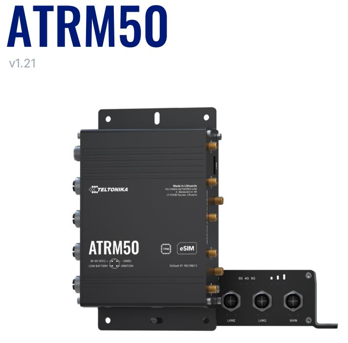 Teltonika ATRM50 5G Router for Transportation, Ultra-High Cellular Speeds, M12 CONNECTORS, DUAL SIM & eSIM, EN 45545-2 and EN 50155, PSU not included wireless router Gigabit Ethernet Dual-band (2.4 GHz / 5 GHz) Black