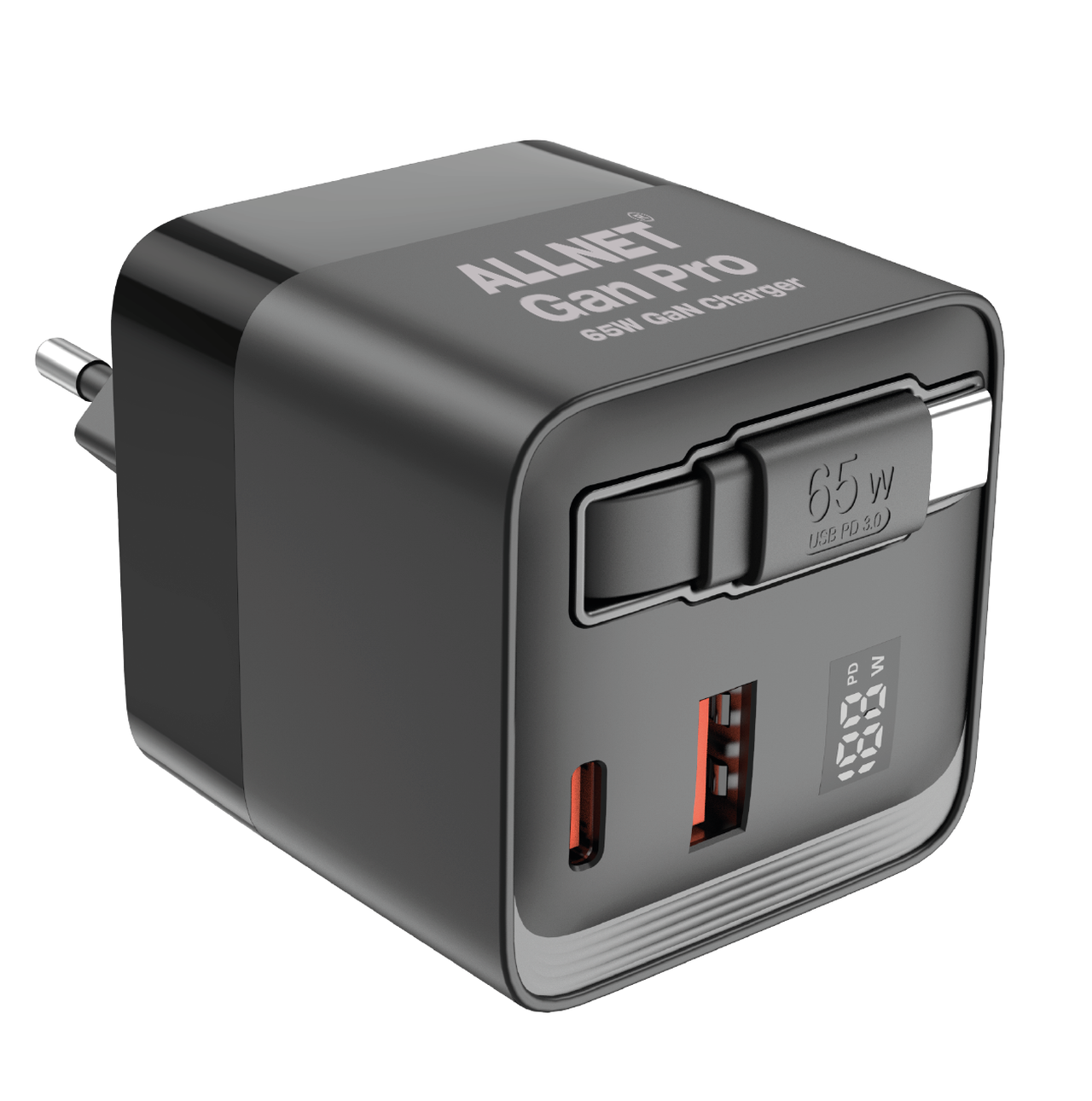 ALLNET replacement power supply QC USB-C PD GaN power supply Power Supply 65 Watt 1x USB Type-A QC, 1x USB Type-C/ 1x USB Type-C retractable **EU PLUG** black