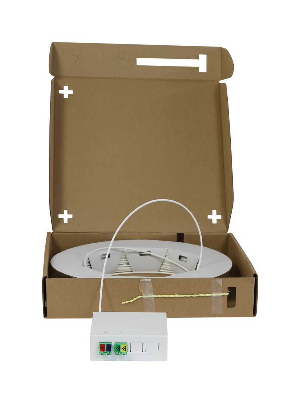 LWL-FTTH Compact Box vorkonfektioniert,  4xLC/APC -> open End, 60m,  9/125u, G.657.A2, 4-Faser, OD=2.2mm, Synergy 21