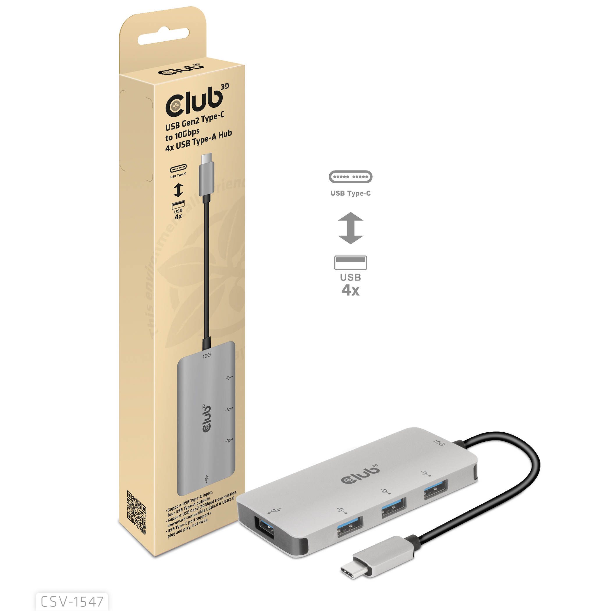 USB Hub 3.2 Typ C => 4-fach USB-A *Club3D*