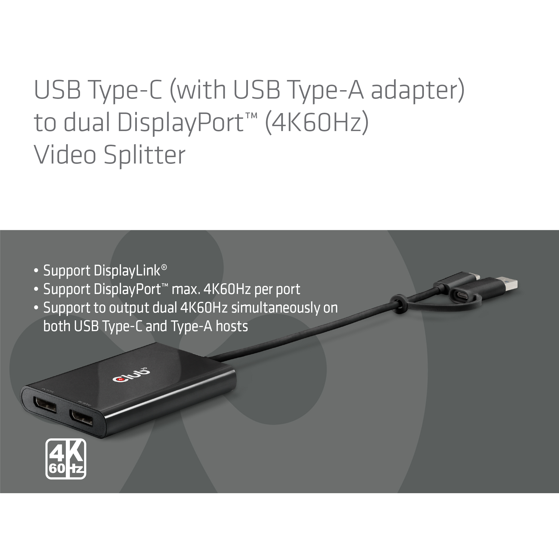Club 3D Multi Stream Transport Hub USB 3.2 Typ C => 2x DisplayPort 4K60Hz