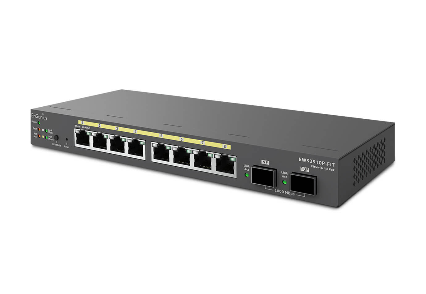 EnGenius Switch full managed Layer 2+ 10 Port • 8x 1 GbE • PoE Budget 110W • 8x PoE at • 2x SFP • Desktop-Switch • Lüfterlos • EWS2910FP-FIT • FitCon/FitXpress