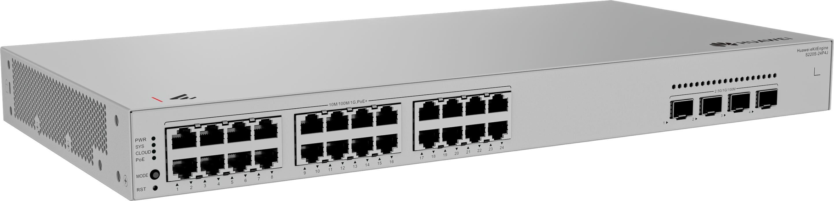 Huawei Switch Full Managed L2 28 Port • 24x GbE • PoE Budget 400W • 24x PoE At • 4x 2,5GbE SFP • 19 " • S220S-24P4J • EKit