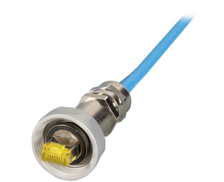 Patchkabel RJ45, CAT6A 500Mhz, 5m, Blau S-STP(S/FTP) IP67 Cable Gland, M25