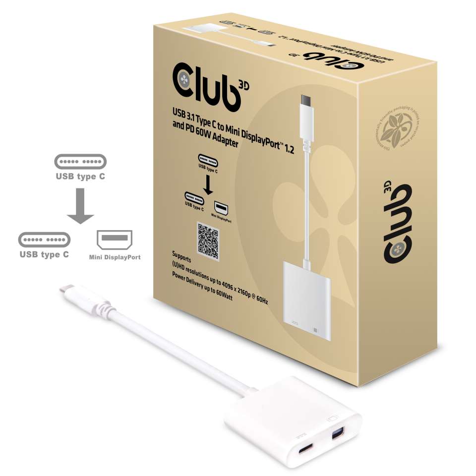 Adapter USB-C 3.1 => DisplayPort 1.2 *Club3D* 4K60Hz und PD 60W